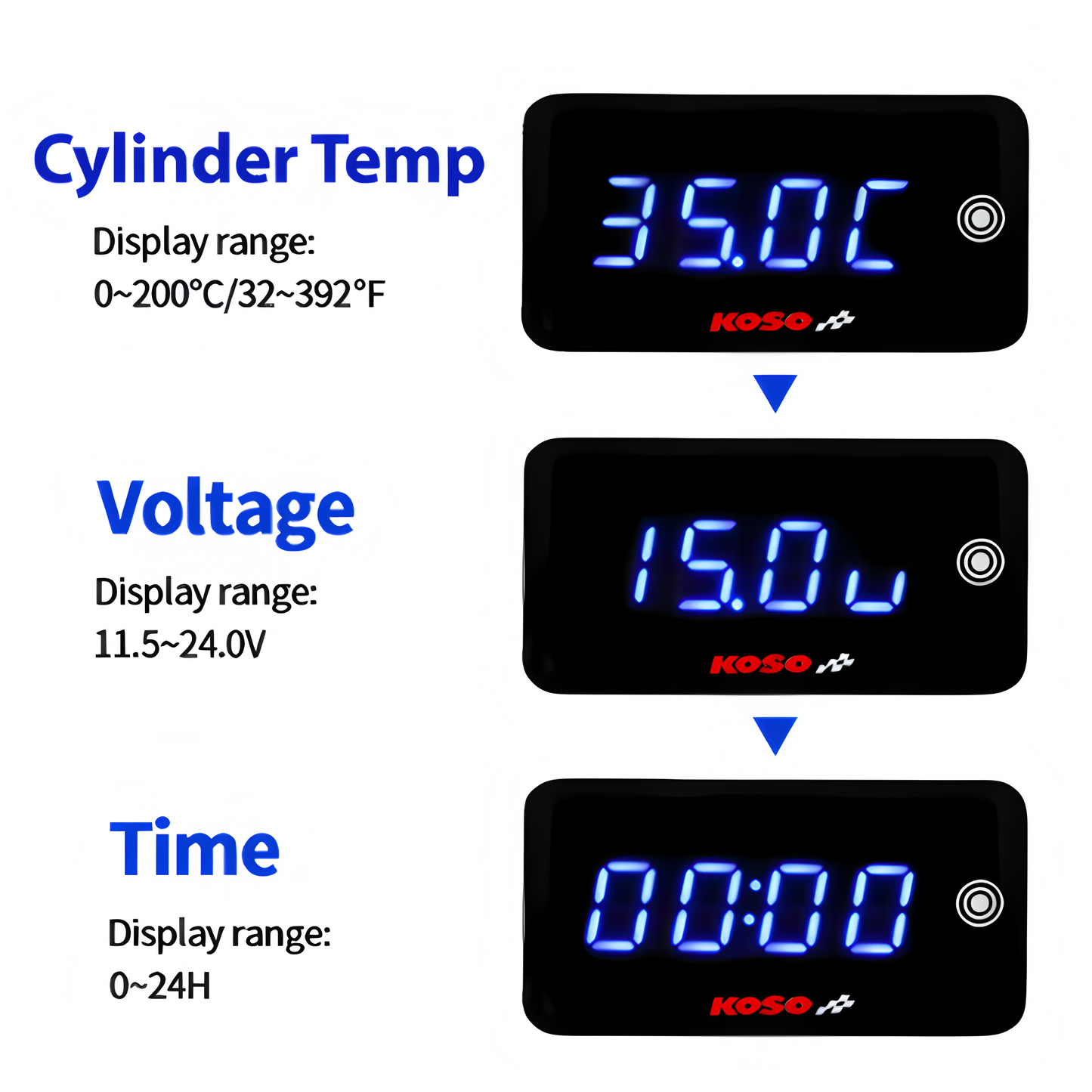 KOSO Temperature Gauge Motorcycle Cylinder Temp Voltage Time 3 in 1 - NORXI store
